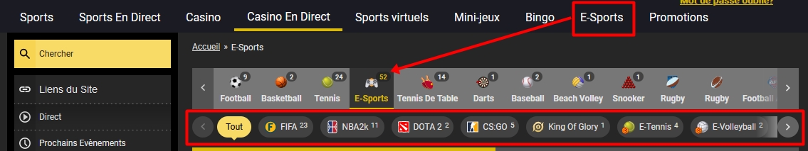 Choix des Sport avec eSport